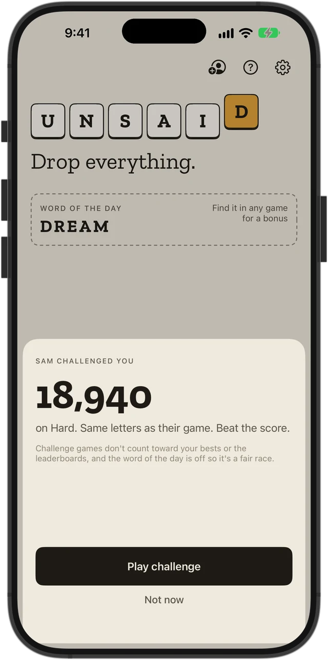 A friend's challenge on Home: beat 18,940 on Hard with the same letters.