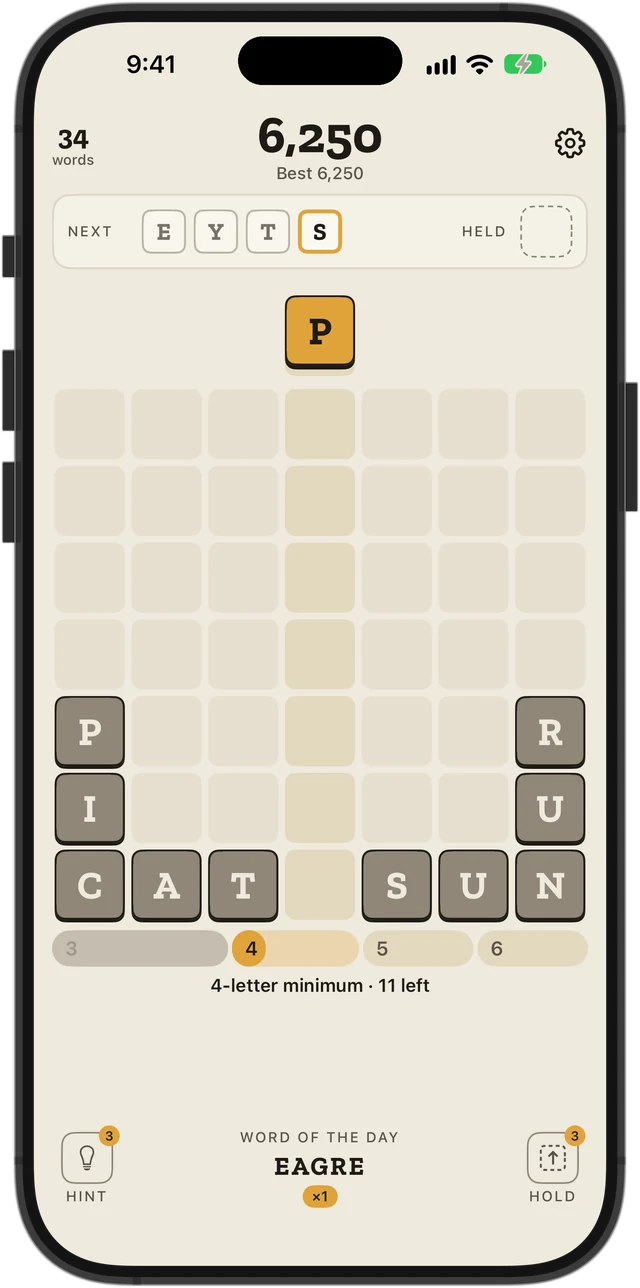The Daily on Easy at the 4 letter stage: CAT, SUN, PIC and RUN are greyed out and stay on the board, and a bar under it reads 4-letter minimum, 11 left.