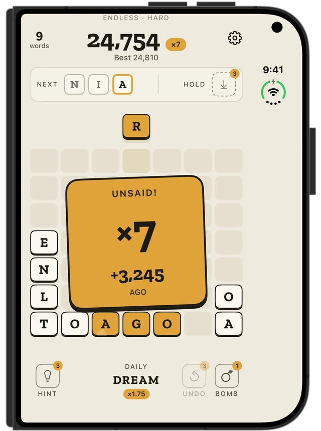 Unsaid on the iPhone Duo outer display, a ×7 combo card over the board.