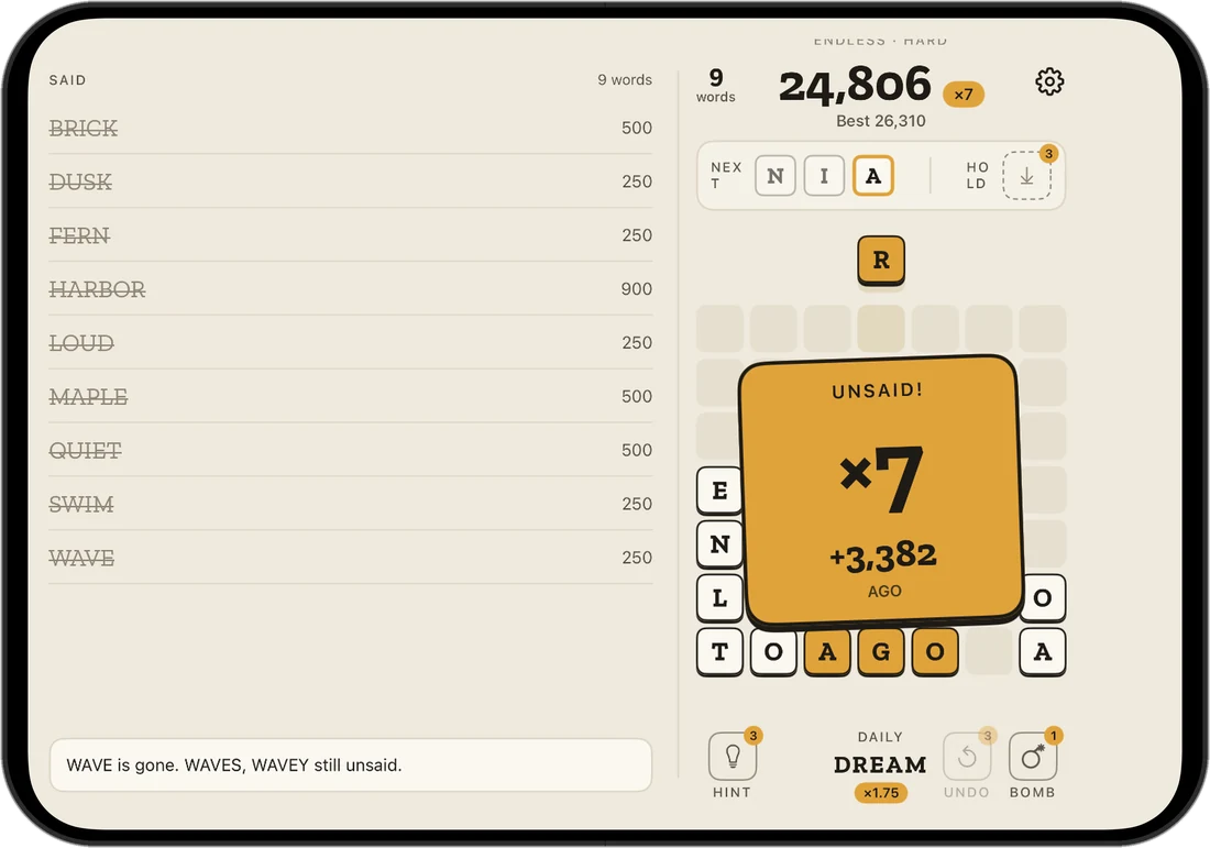 Unsaid on the open iPhone Duo: said words on the left, the board and a ×7 cascade on the right.