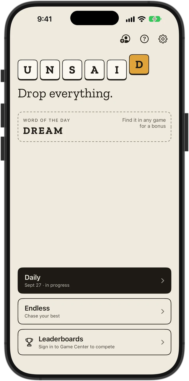 Home screen: today's word DREAM above Daily, Endless and Leaderboards.