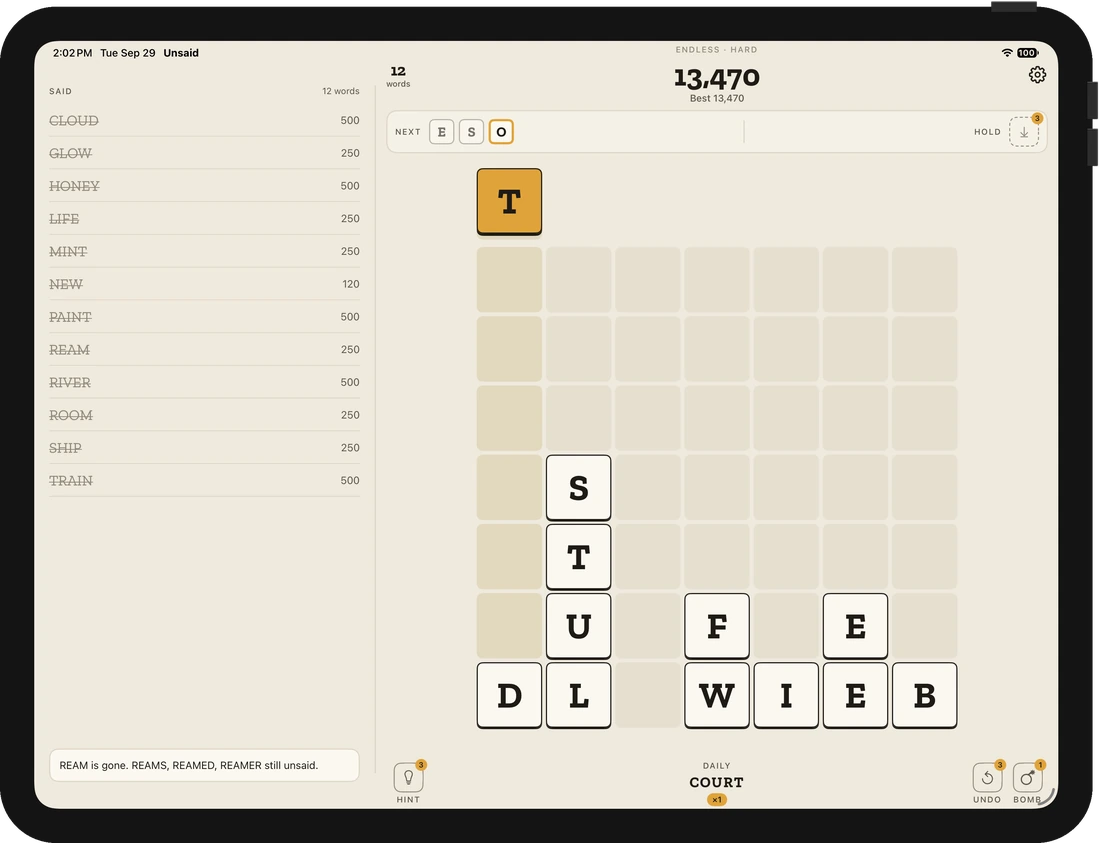 Unsaid on iPad in landscape: said words on the left, a big board and score on the right.
