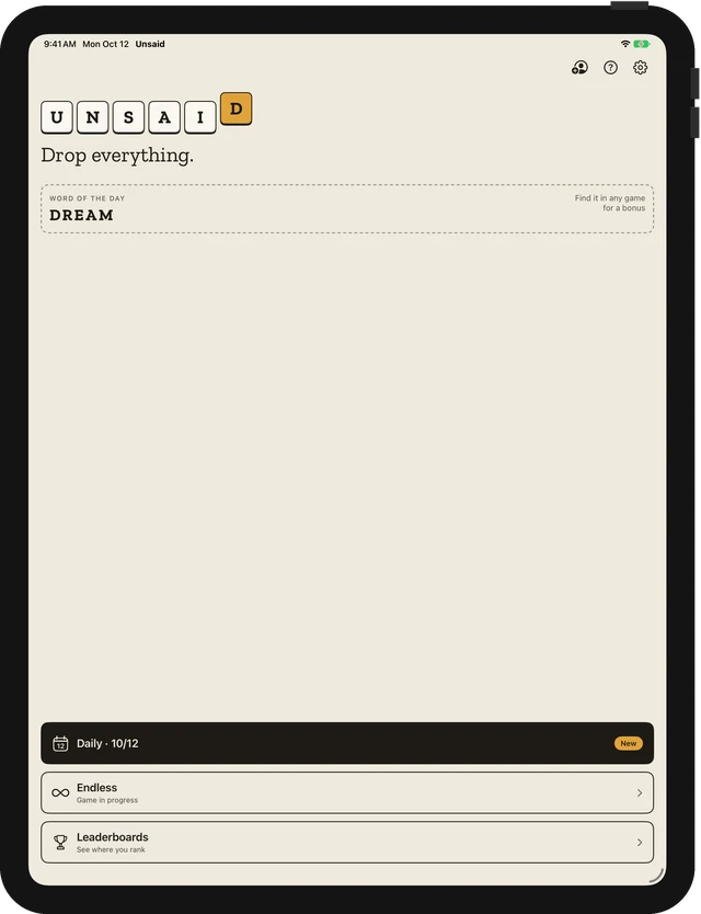 Unsaid on iPad in portrait: Home screen with today's word, Daily, Endless and Leaderboards.