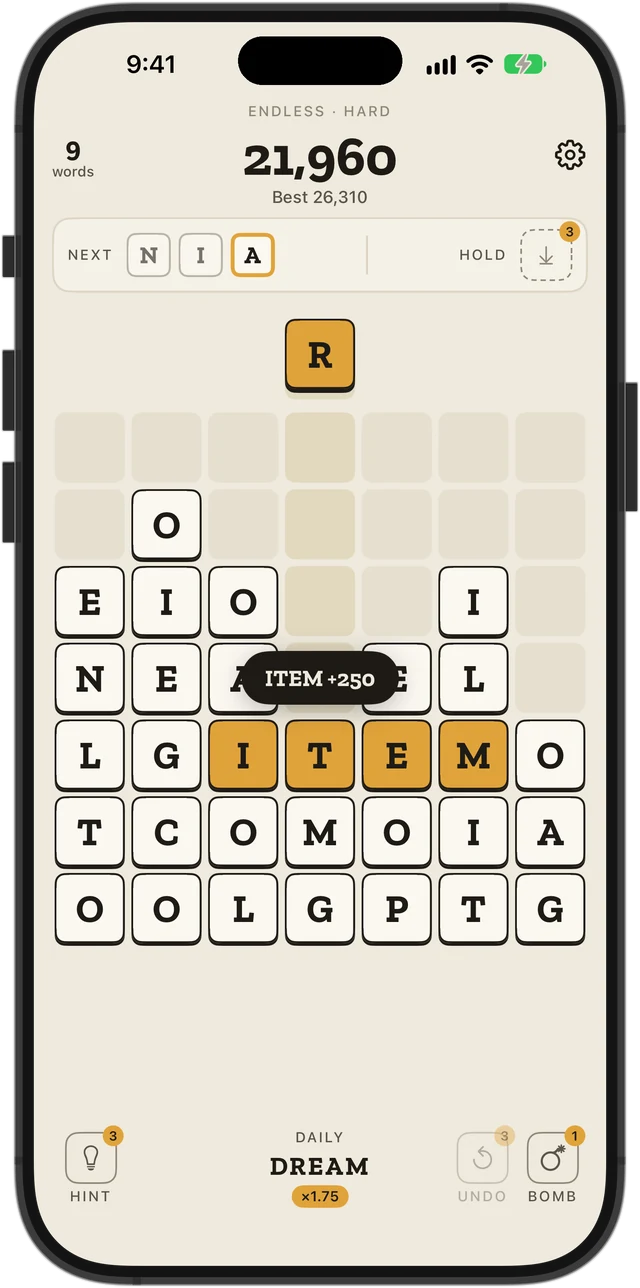 A game in progress: ITEM lights up across the board while the next letter waits above.
