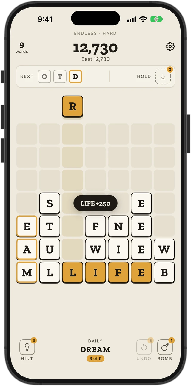 Today's word DREAM being built down the left column, three of five letters in place, as LIFE clears.